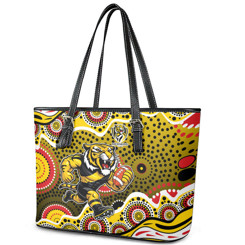 Richmond Tigers Leather Tote Bag Aboriginal Dot Pattern - Football Mascot Heritage Pride