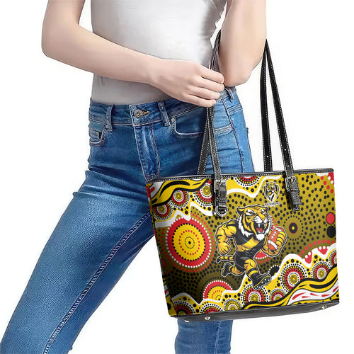 Richmond Tigers Leather Tote Bag Aboriginal Dot Pattern - Football Mascot Heritage Pride