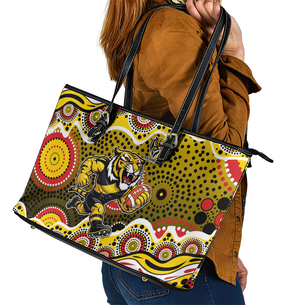 Richmond Tigers Leather Tote Bag Aboriginal Dot Pattern - Football Mascot Heritage Pride