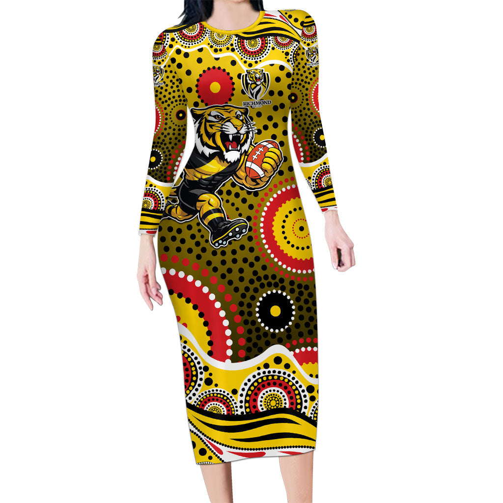 Richmond Tigers Long Sleeve Bodycon Dress Aboriginal Dot Pattern - Football Mascot Heritage Pride