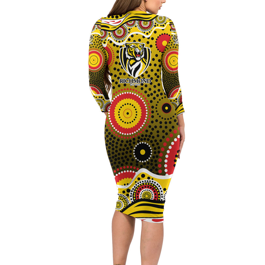 Richmond Tigers Long Sleeve Bodycon Dress Aboriginal Dot Pattern - Football Mascot Heritage Pride