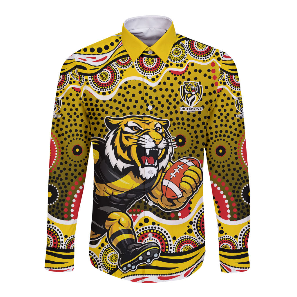 Richmond Tigers Long Sleeve Button Shirt Aboriginal Dot Pattern - Football Mascot Heritage Pride
