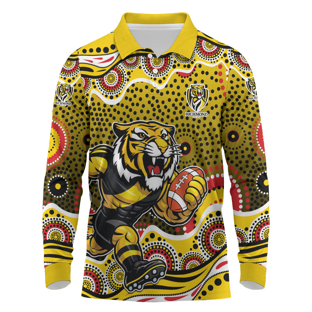 Richmond Tigers Long Sleeve Polo Shirt Aboriginal Dot Pattern - Football Mascot Heritage Pride