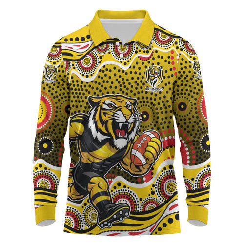 Richmond Tigers Long Sleeve Polo Shirt Aboriginal Dot Pattern - Football Mascot Heritage Pride