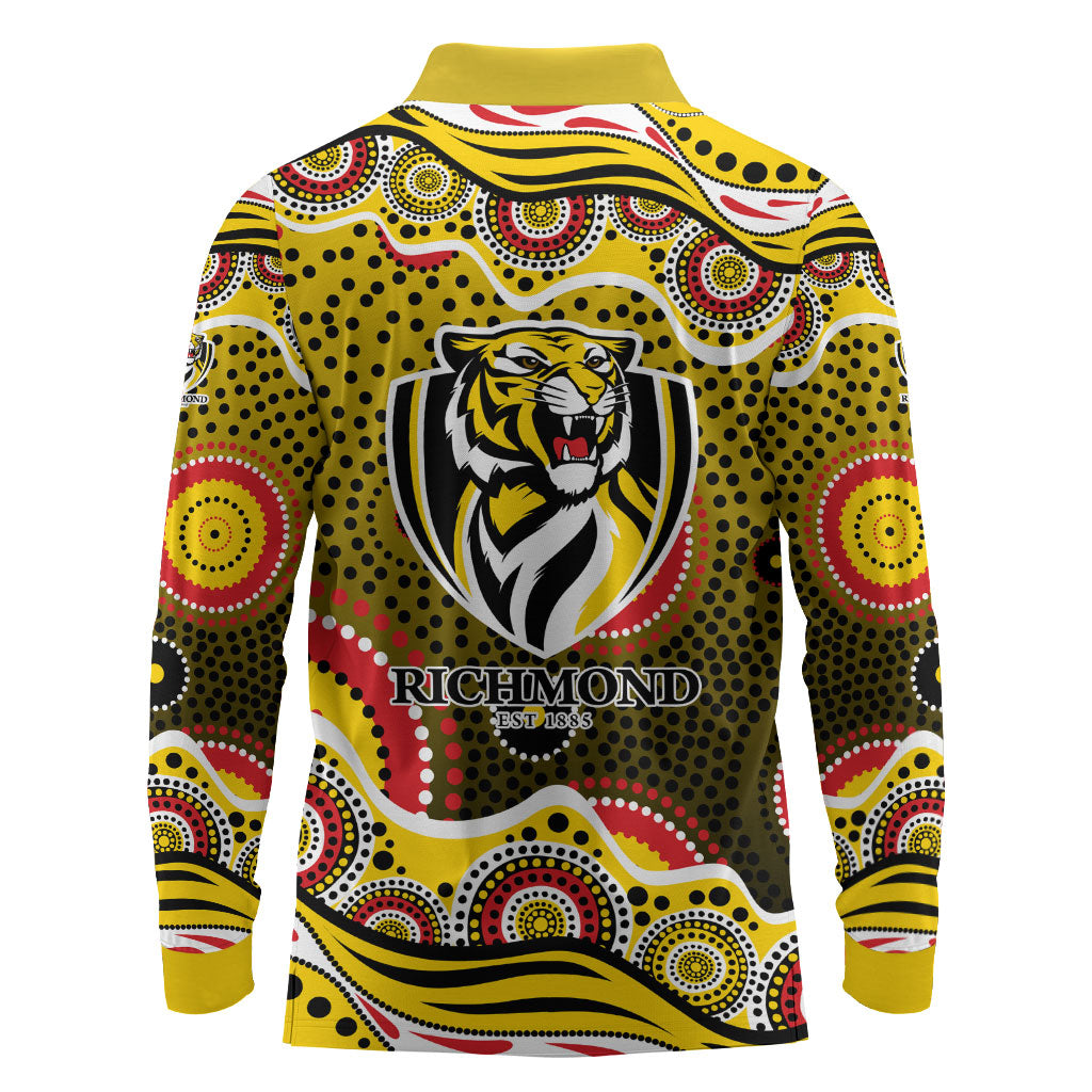 Richmond Tigers Long Sleeve Polo Shirt Aboriginal Dot Pattern - Football Mascot Heritage Pride