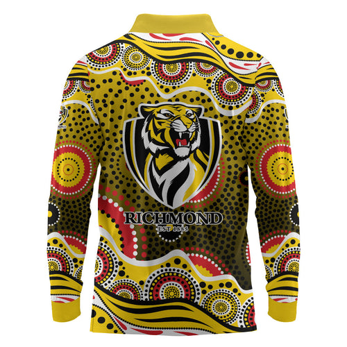 Richmond Tigers Long Sleeve Polo Shirt Aboriginal Dot Pattern - Football Mascot Heritage Pride