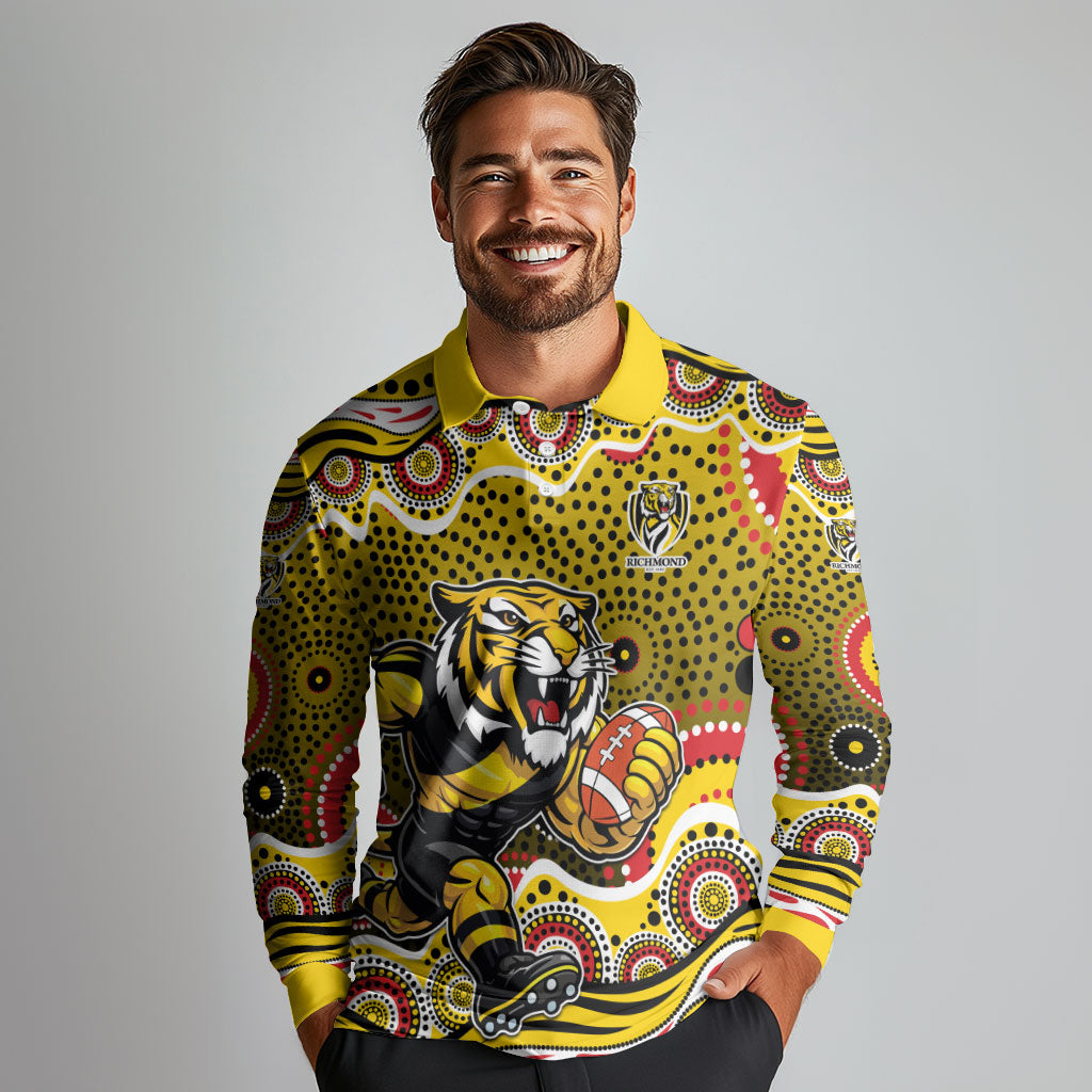 Richmond Tigers Long Sleeve Polo Shirt Aboriginal Dot Pattern - Football Mascot Heritage Pride