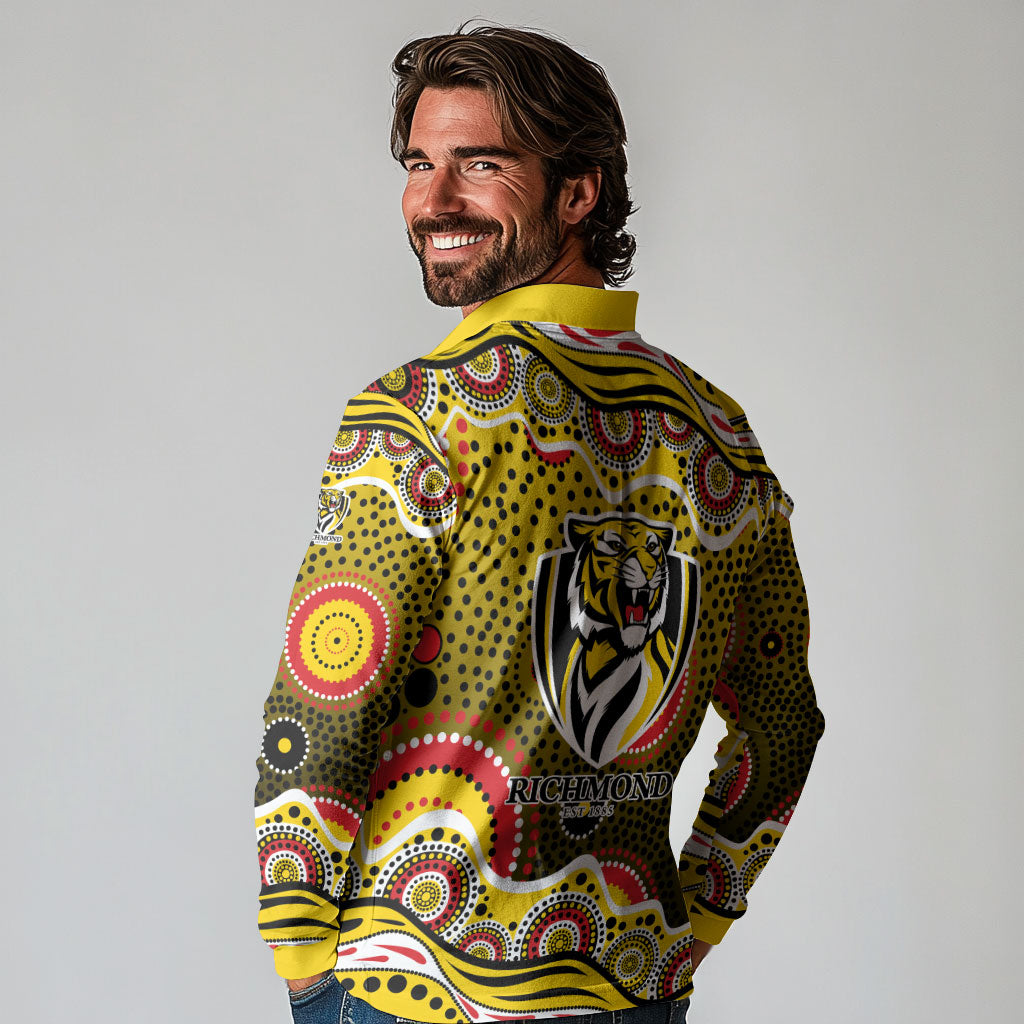 Richmond Tigers Long Sleeve Polo Shirt Aboriginal Dot Pattern - Football Mascot Heritage Pride