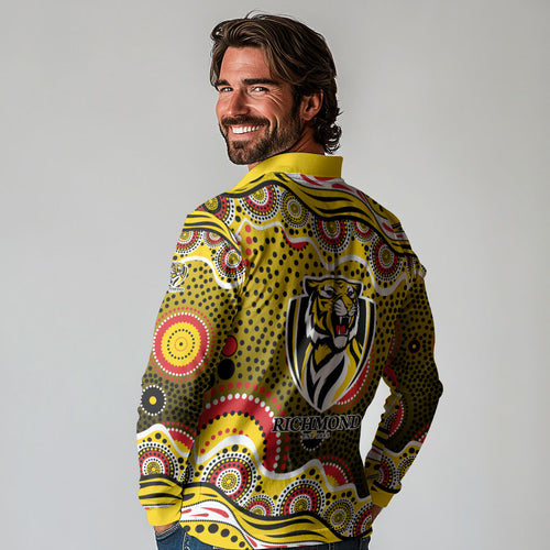 Richmond Tigers Long Sleeve Polo Shirt Aboriginal Dot Pattern - Football Mascot Heritage Pride