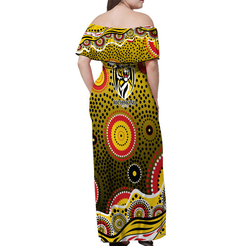 Richmond Tigers Off Shoulder Maxi Dress Aboriginal Dot Pattern - Football Mascot Heritage Pride