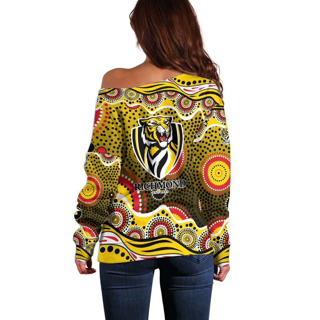 Richmond Tigers Off Shoulder Sweater Aboriginal Dot Pattern - Football Mascot Heritage Pride