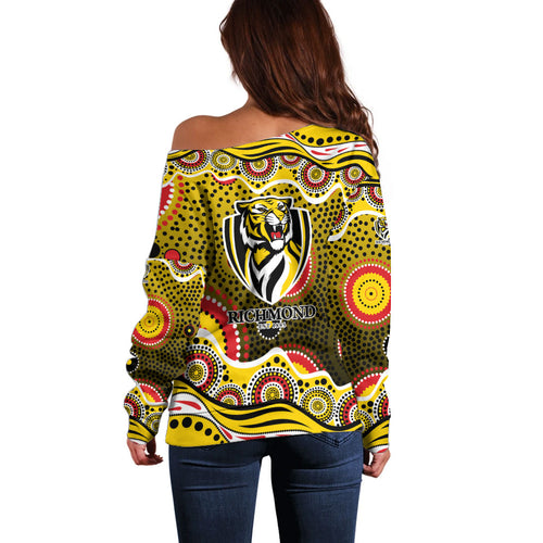Richmond Tigers Off Shoulder Sweater Aboriginal Dot Pattern - Football Mascot Heritage Pride