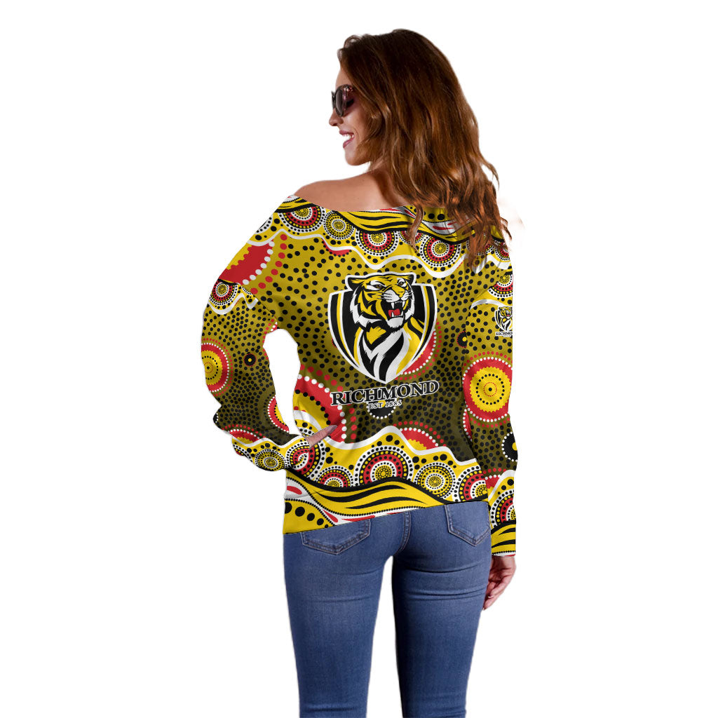 Richmond Tigers Off Shoulder Sweater Aboriginal Dot Pattern - Football Mascot Heritage Pride
