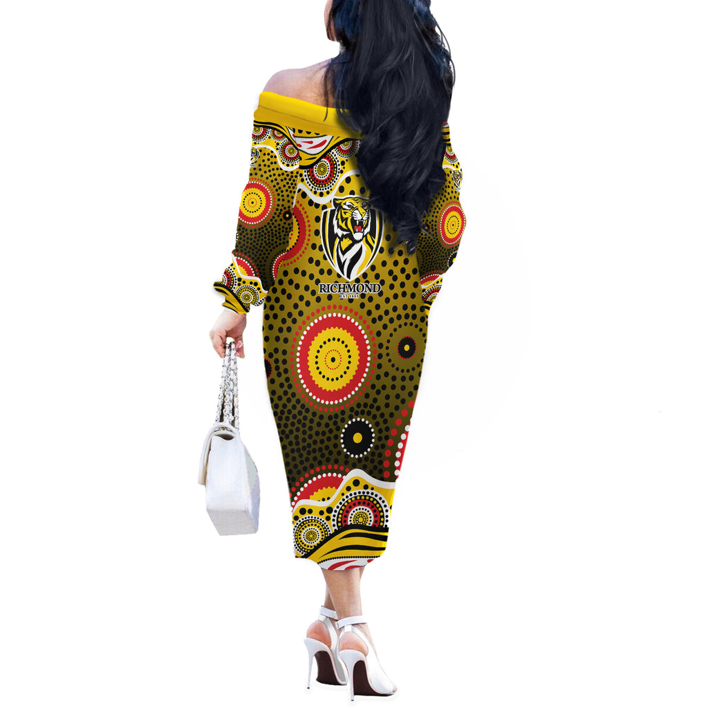 Richmond Tigers Off The Shoulder Long Sleeve Dress Aboriginal Dot Pattern - Football Mascot Heritage Pride