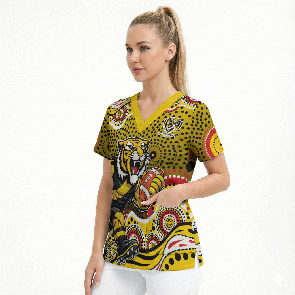 Richmond Tigers Scrub Top Aboriginal Dot Pattern - Football Mascot Heritage Pride