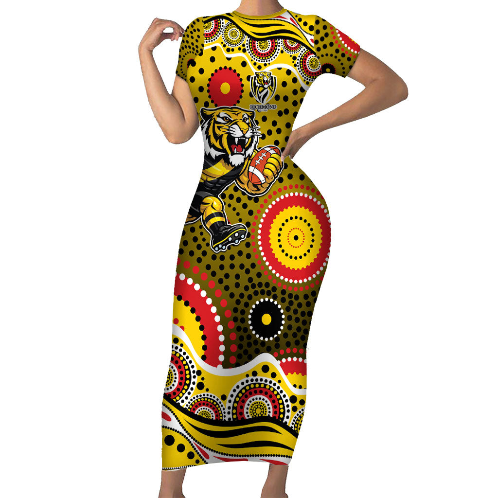Richmond Tigers Short Sleeve Bodycon Dress Aboriginal Dot Pattern - Football Mascot Heritage Pride