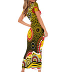 Richmond Tigers Short Sleeve Bodycon Dress Aboriginal Dot Pattern - Football Mascot Heritage Pride