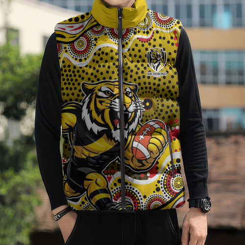 Richmond Tigers Sleeveless Puffer Jacket Aboriginal Dot Pattern - Football Mascot Heritage Pride