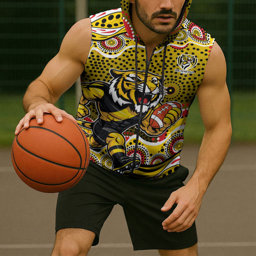 Richmond Tigers Sleeveless Zip Hoodie Aboriginal Dot Pattern - Football Mascot Heritage Pride