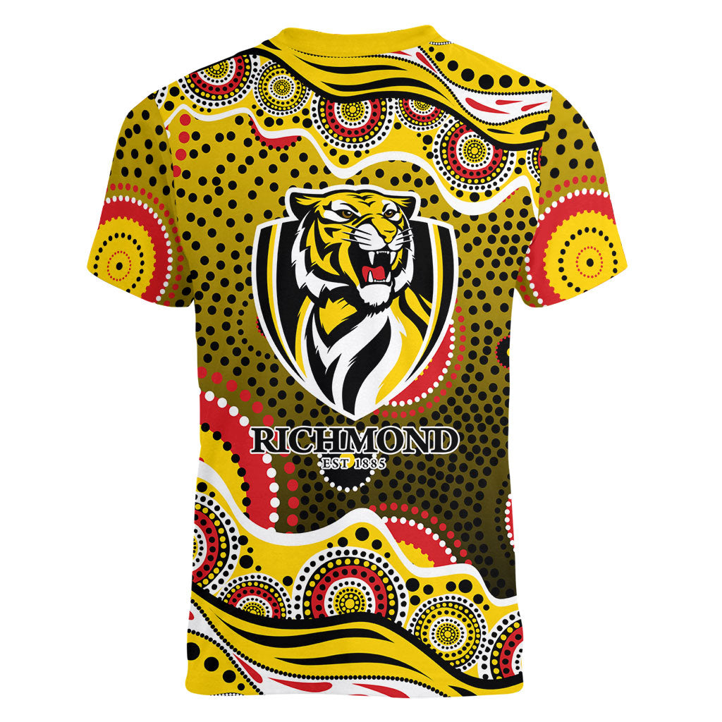 Richmond Tigers Women V-Neck T-Shirt Aboriginal Dot Pattern - Football Mascot Heritage Pride