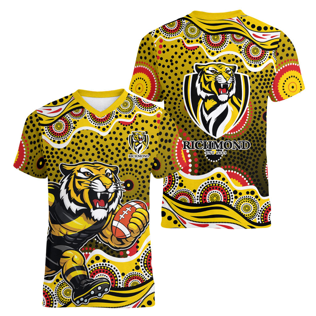 Richmond Tigers Women V-Neck T-Shirt Aboriginal Dot Pattern - Football Mascot Heritage Pride