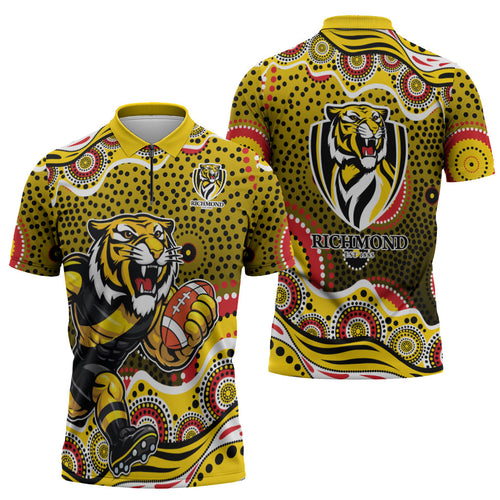 Richmond Tigers Zipper Polo Shirt Aboriginal Dot Pattern - Football Mascot Heritage Pride