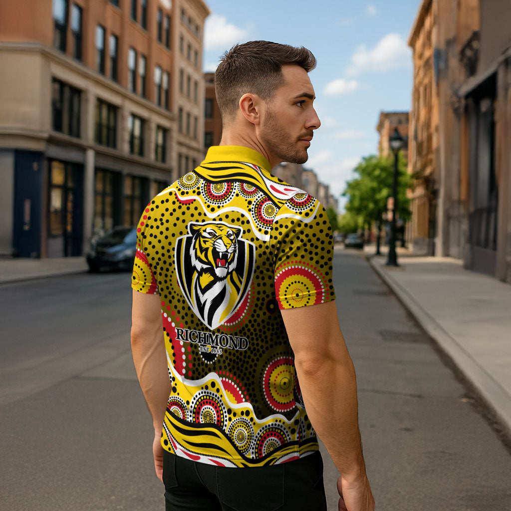 Richmond Tigers Zipper Polo Shirt Aboriginal Dot Pattern - Football Mascot Heritage Pride