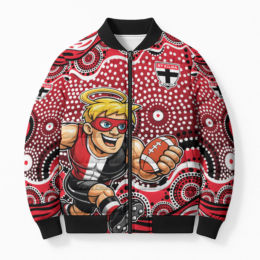St Kilda Saints Bomber Puffer Jacket Aboriginal Dot Pattern - Football Mascot Heritage Pride