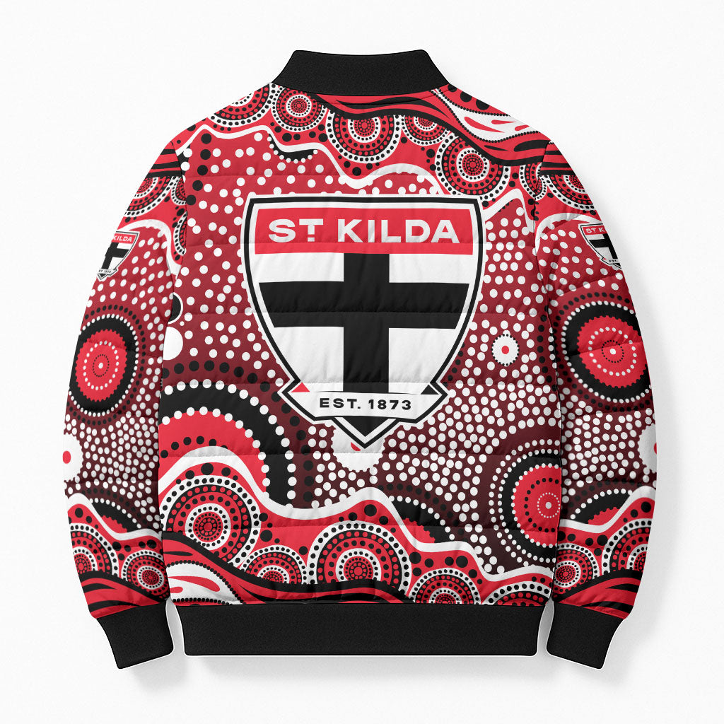 St Kilda Saints Bomber Puffer Jacket Aboriginal Dot Pattern - Football Mascot Heritage Pride