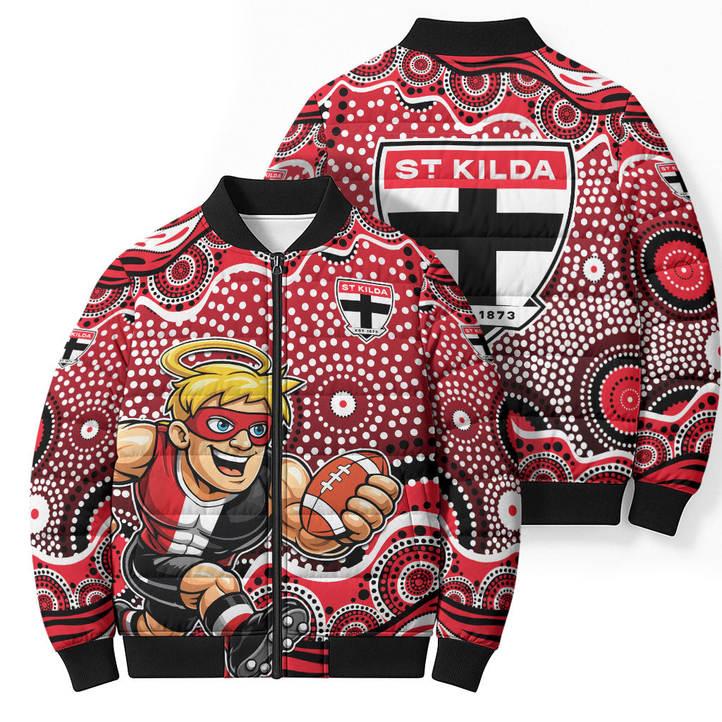 St Kilda Saints Bomber Puffer Jacket Aboriginal Dot Pattern - Football Mascot Heritage Pride