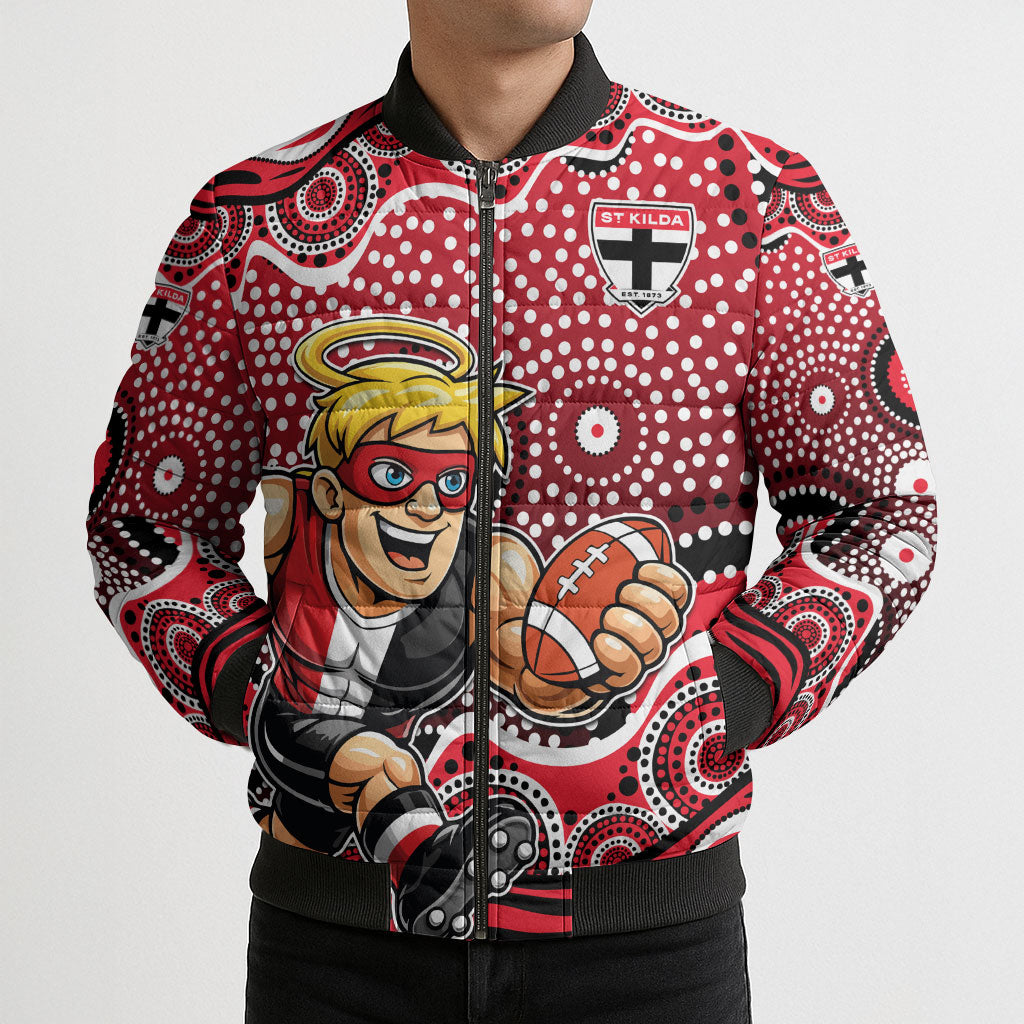 St Kilda Saints Bomber Puffer Jacket Aboriginal Dot Pattern - Football Mascot Heritage Pride
