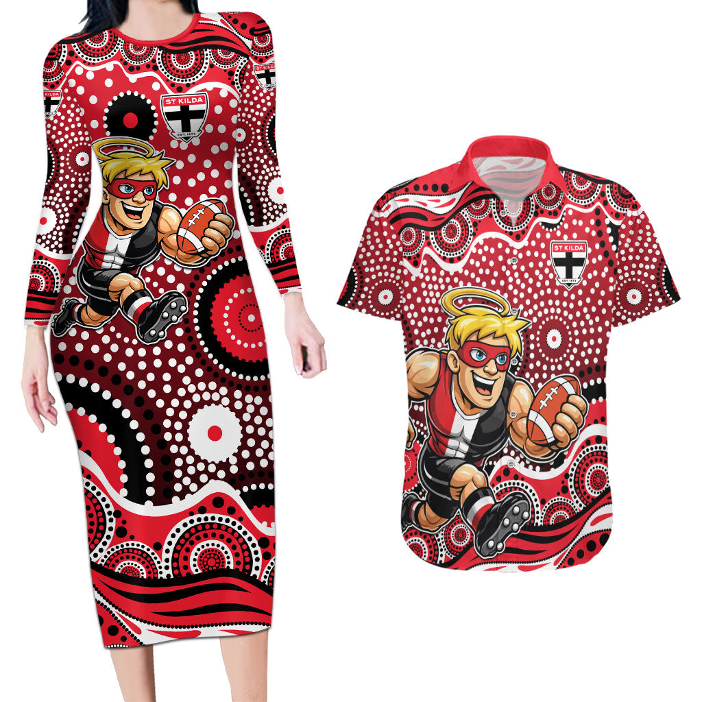 St Kilda Saints Couples Matching Long Sleeve Bodycon Dress and Hawaiian Shirt Aboriginal Dot Pattern - Football Mascot Heritage Pride