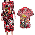 St Kilda Saints Couples Matching Long Sleeve Bodycon Dress and Hawaiian Shirt Aboriginal Dot Pattern - Football Mascot Heritage Pride