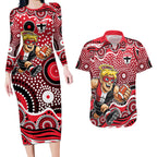 St Kilda Saints Couples Matching Long Sleeve Bodycon Dress and Hawaiian Shirt Aboriginal Dot Pattern - Football Mascot Heritage Pride