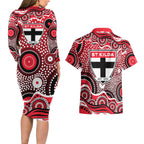 St Kilda Saints Couples Matching Long Sleeve Bodycon Dress and Hawaiian Shirt Aboriginal Dot Pattern - Football Mascot Heritage Pride