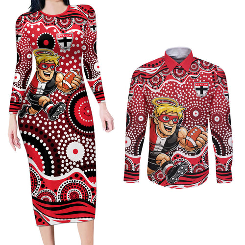 St Kilda Saints Couples Matching Long Sleeve Bodycon Dress and Long Sleeve Button Shirt Aboriginal Dot Pattern - Football Mascot Heritage Pride