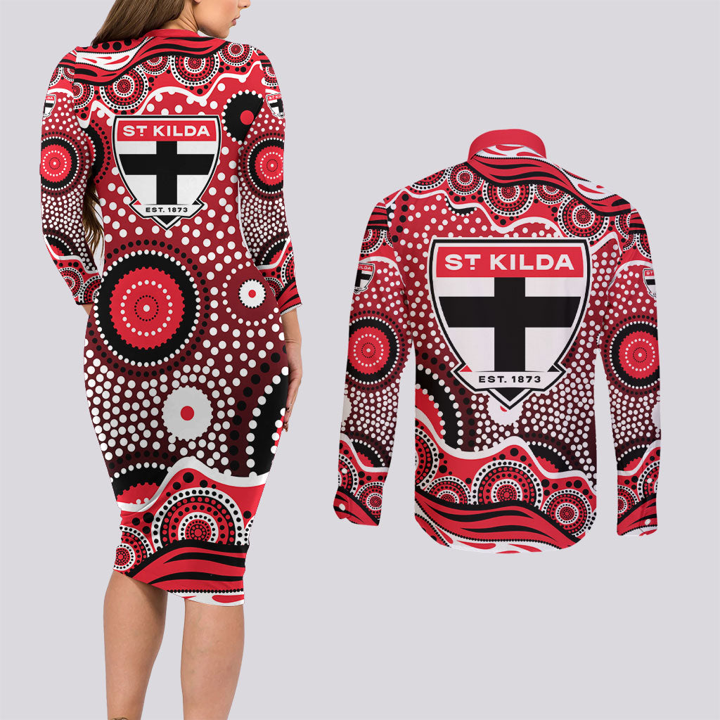 St Kilda Saints Couples Matching Long Sleeve Bodycon Dress and Long Sleeve Button Shirt Aboriginal Dot Pattern - Football Mascot Heritage Pride