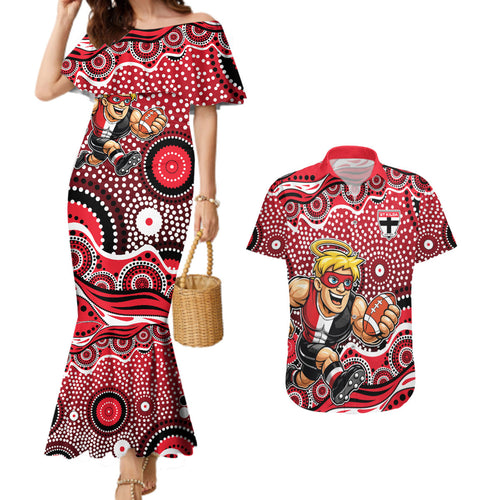 St Kilda Saints Couples Matching Mermaid Dress and Hawaiian Shirt Aboriginal Dot Pattern - Football Mascot Heritage Pride