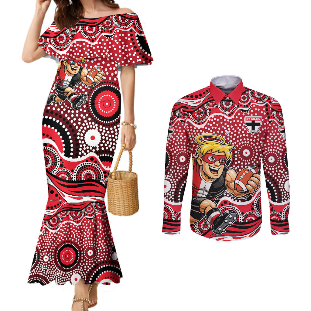 St Kilda Saints Couples Matching Mermaid Dress and Long Sleeve Button Shirt Aboriginal Dot Pattern - Football Mascot Heritage Pride