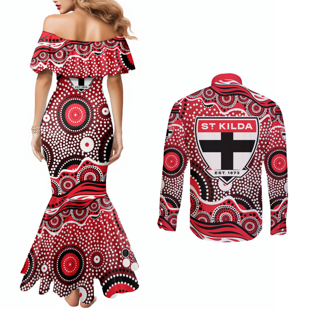 St Kilda Saints Couples Matching Mermaid Dress and Long Sleeve Button Shirt Aboriginal Dot Pattern - Football Mascot Heritage Pride