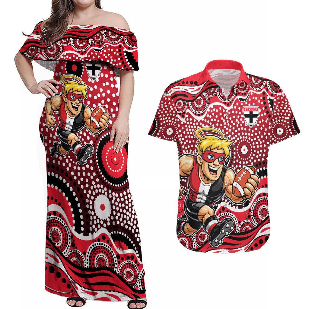 St Kilda Saints Couples Matching Off Shoulder Maxi Dress and Hawaiian Shirt Aboriginal Dot Pattern - Football Mascot Heritage Pride