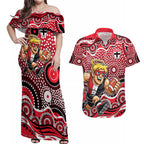 St Kilda Saints Couples Matching Off Shoulder Maxi Dress and Hawaiian Shirt Aboriginal Dot Pattern - Football Mascot Heritage Pride