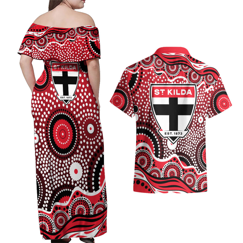 St Kilda Saints Couples Matching Off Shoulder Maxi Dress and Hawaiian Shirt Aboriginal Dot Pattern - Football Mascot Heritage Pride
