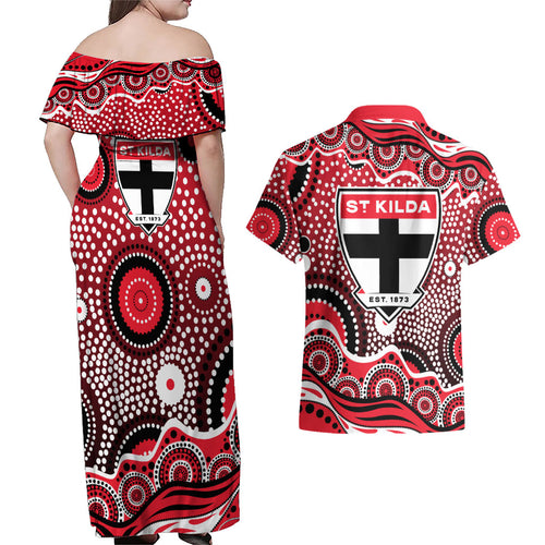 St Kilda Saints Couples Matching Off Shoulder Maxi Dress and Hawaiian Shirt Aboriginal Dot Pattern - Football Mascot Heritage Pride