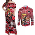 St Kilda Saints Couples Matching Off Shoulder Maxi Dress and Long Sleeve Button Shirt Aboriginal Dot Pattern - Football Mascot Heritage Pride