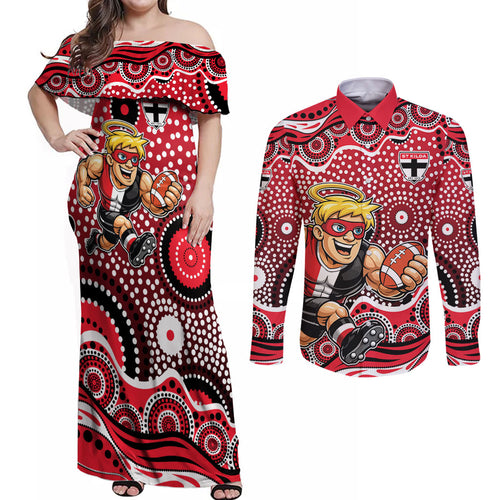 St Kilda Saints Couples Matching Off Shoulder Maxi Dress and Long Sleeve Button Shirt Aboriginal Dot Pattern - Football Mascot Heritage Pride