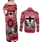 St Kilda Saints Couples Matching Off Shoulder Maxi Dress and Long Sleeve Button Shirt Aboriginal Dot Pattern - Football Mascot Heritage Pride