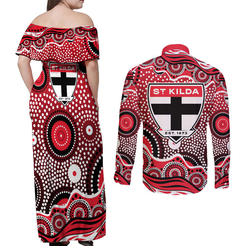 St Kilda Saints Couples Matching Off Shoulder Maxi Dress and Long Sleeve Button Shirt Aboriginal Dot Pattern - Football Mascot Heritage Pride