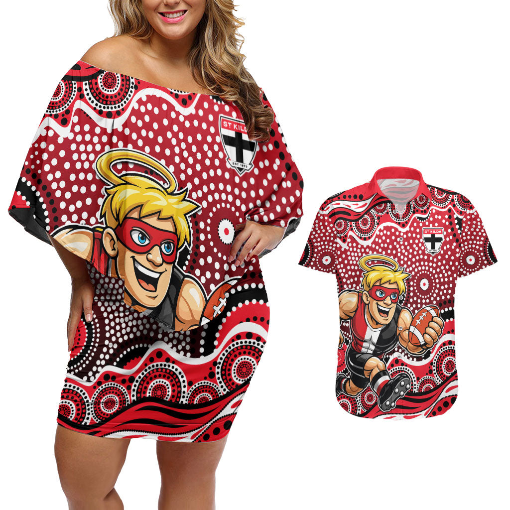 St Kilda Saints Couples Matching Off Shoulder Short Dress and Hawaiian Shirt Aboriginal Dot Pattern - Football Mascot Heritage Pride
