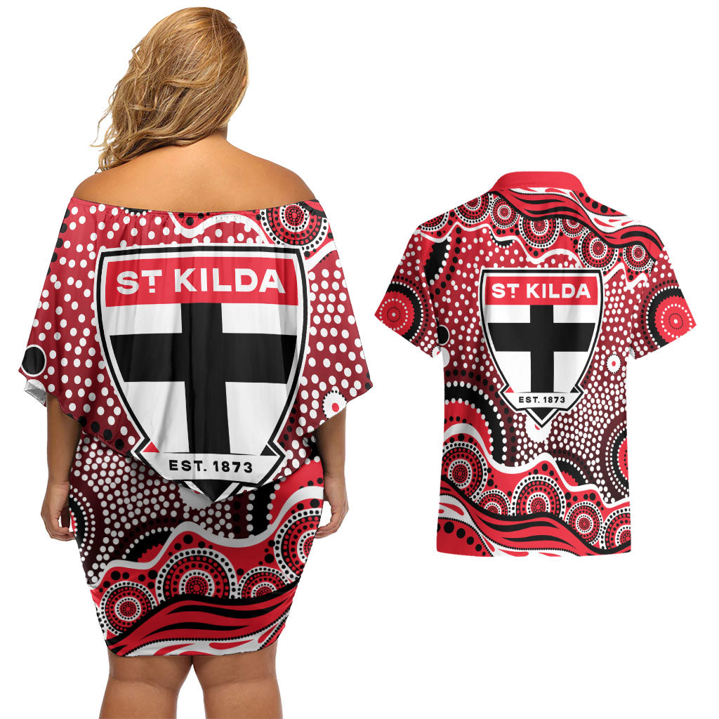 St Kilda Saints Couples Matching Off Shoulder Short Dress and Hawaiian Shirt Aboriginal Dot Pattern - Football Mascot Heritage Pride